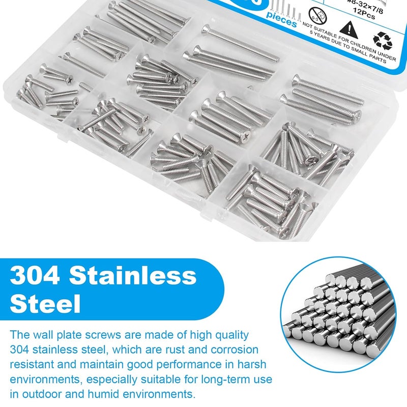 Yinpecly 100 PCS Machine Screws, #6-32#8-32 Phillips Flat Head Electricians Screw Kit 304 Stainless Steel Outlet Screws for Wall Plate Switch, Receptacles Mounting Screws - Image 3